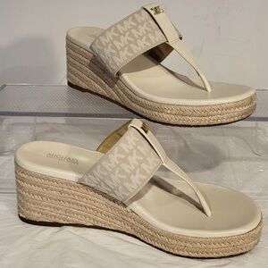 MICHAEL Michael Kors Cream Canvas Logo Espadrille Wedge Sandals